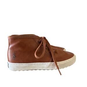 POLO RALPH LAUREN Boy's Lace Up Brown Bootie Sz 4 Logo Casual Ribbed White Sole